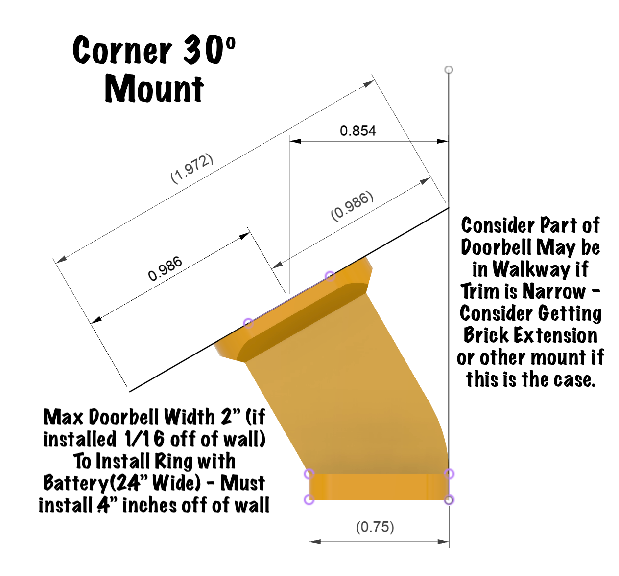 Corner Doorbell Mount Angled 30º 1in Fixed Trim Narrow/Slim Mount for Video Doorbells