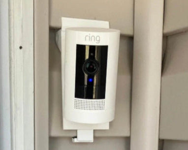 Ring Stick Up Cam Vinyl Siding Mount - Screwless - Any Vinyl Siding 3-5in Dutch Lap - DoorbellMount.Com