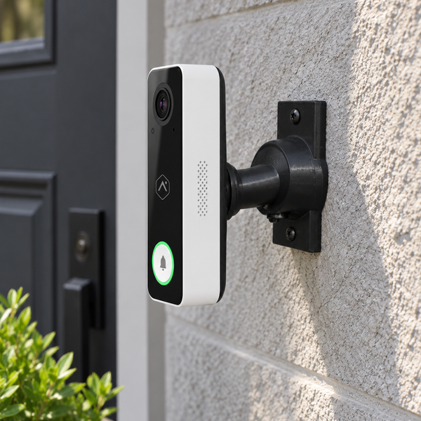 Alarm.com ADC-VDB750 on black 15-90 degree swivel mount, left-facing installation with full rear bracket