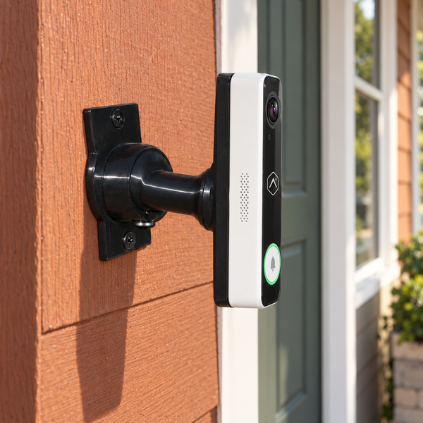 Alarm.com ADC-VDB750 on black 15-90 degree swivel mount, right-facing installation with full rear bracket