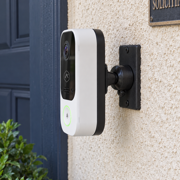 Alarm.com ADC-VDB755P on black 90 degree adjustable swivel mount, left-facing porch installation