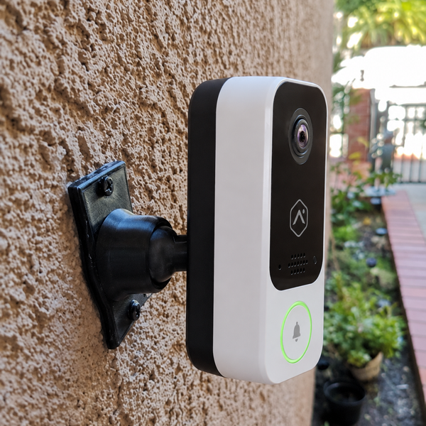 Alarm.com ADC-VDB755P on black 90 degree adjustable swivel mount, right-facing porch installation