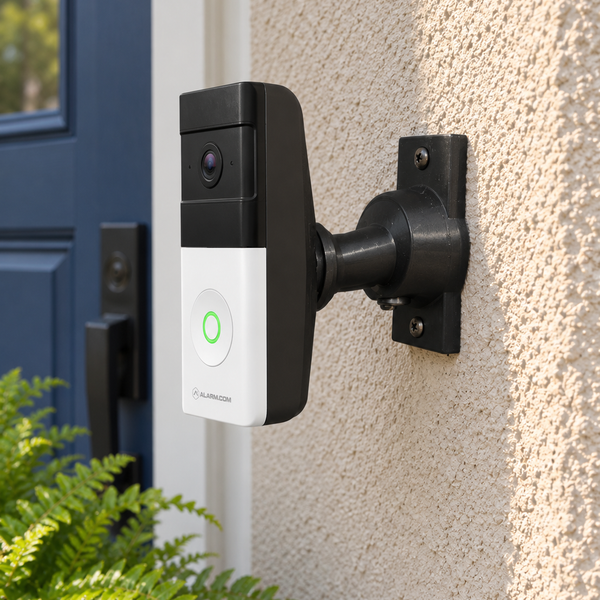 Alarm.com ADC-VDB780B on black 15-90 degree swivel mount, left-facing installation with full rear bracket