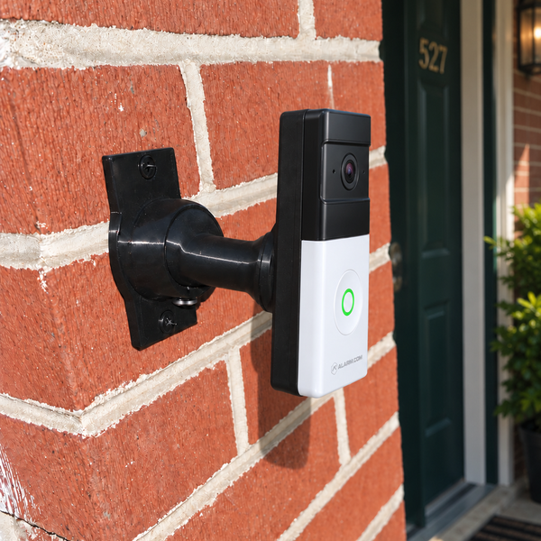 Alarm.com ADC-VDB780B on black 15-90 degree swivel mount, right-facing installation with full rear bracket