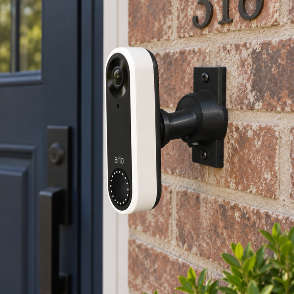 Arlo Essential Wired AVD1001 on black 15-90 degree swivel mount, left-facing installation with full rear bracket