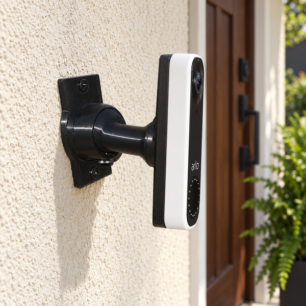 Arlo Essential Wired AVD1001 on black 15-90 degree swivel mount, right-facing installation with full rear bracket