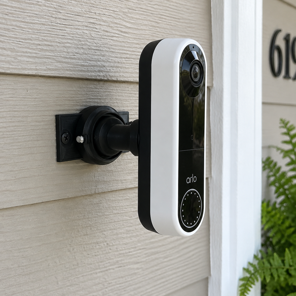 Arlo Essential Wire-Free AVD2001 on black 90 degree adjustable swivel mount, right-facing porch installation