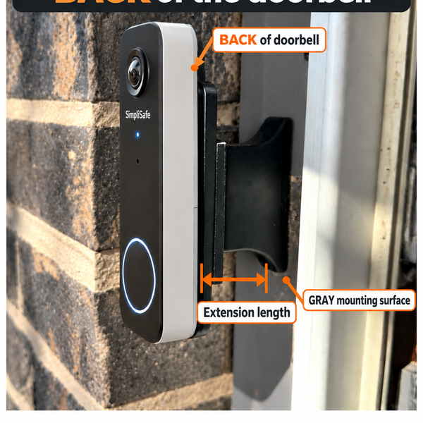 Brick Face Extension sizing guide — example installation: 3 inch recess minus approximately 1 inch doorbell depth uses a 2 inch extension; measure from mounting trim to back of doorbell. Doorbell model shown is illustrative.