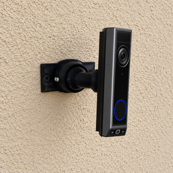 Eufy E340 dual-camera video doorbell on adjustable 90 degree swivel mount, right-facing installation