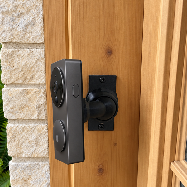 Aqara G4 on adjustable 15–90 degree swivel mount, left-facing view on natural honey cedar trim beside pale limestone
