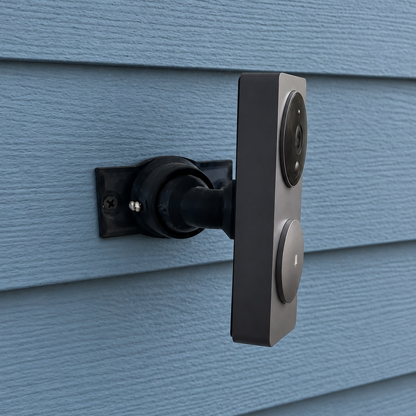 Aqara G4 on adjustable 15–90 degree swivel mount, right-facing view on muted blue horizontal fiber cement lap siding