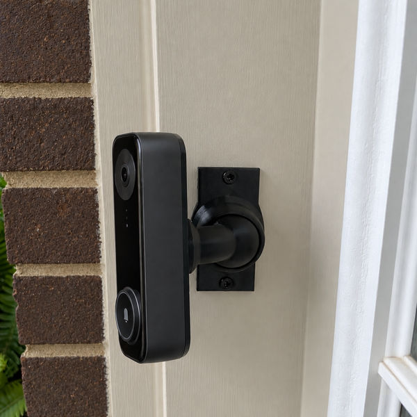 Aqara G400 on adjustable 15–90 degree swivel mount, left-facing view on light greige painted trim beside dark brown brick