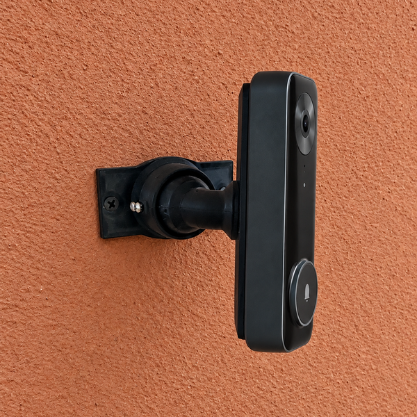 Aqara G400 on adjustable 15–90 degree swivel mount, right-facing view on warm terracotta fine stucco
