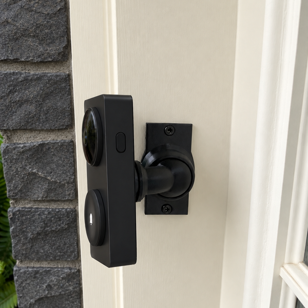 Aqara G410 on adjustable 15–90 degree swivel mount, left-facing view on cream painted trim beside charcoal stone