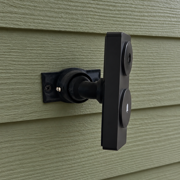 Aqara G410 on adjustable 15–90 degree swivel mount, right-facing view on soft olive green horizontal wood siding