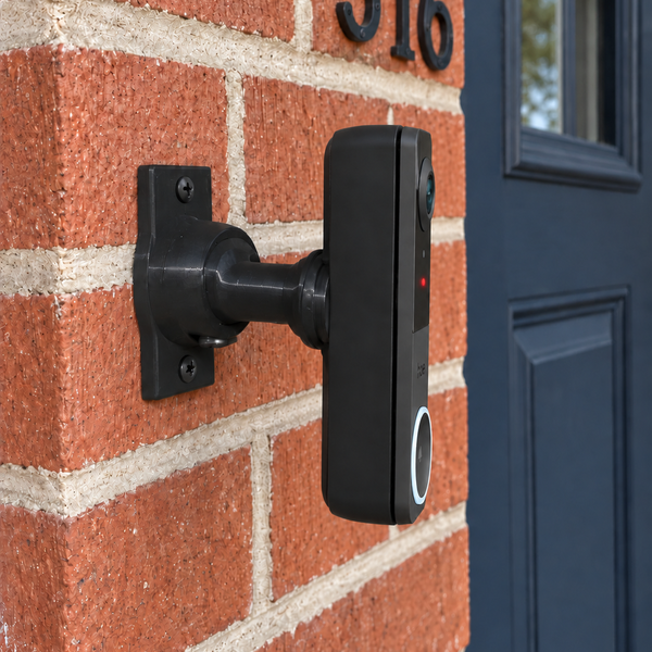 Philips Hue Secure on a black swivel mount with full conforming rear bracket, primary porch view