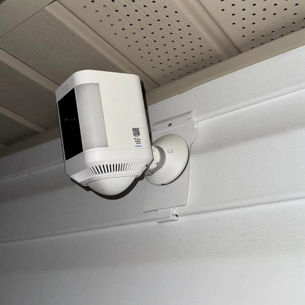 Ring Stick Up Cam Vinyl Siding Mount - Screwless - Any Vinyl Siding 3-5in Dutch Lap - DoorbellMount.Com