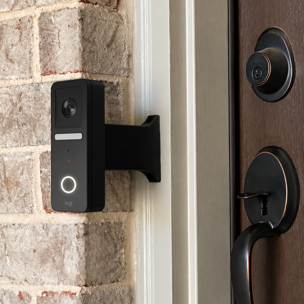 Logitech Circle View doorbell on black full offset brick extension mounted to trim, primary installation view
