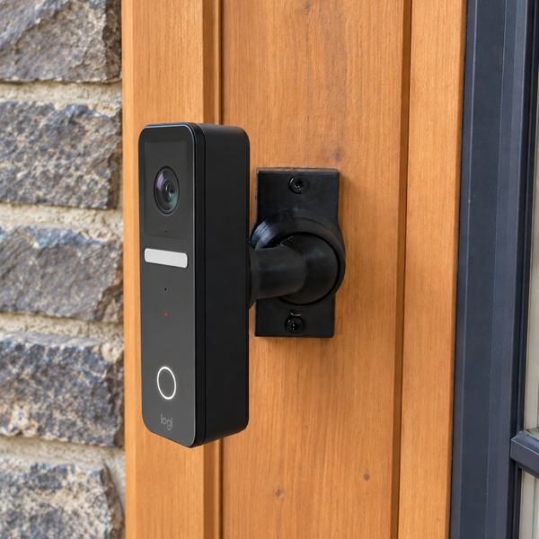 Logitech Circle View Doorbell installed on 15–90 degree adjustable swivel mount, left-facing installation