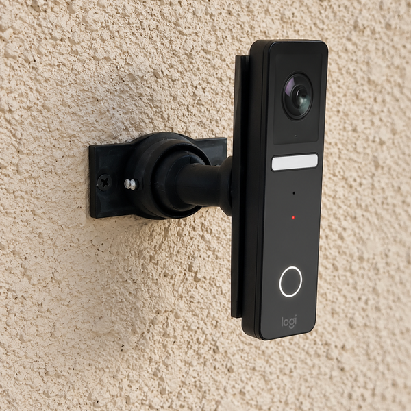 Logitech Circle View Doorbell installed on 15–90 degree adjustable swivel mount, right-facing installation
