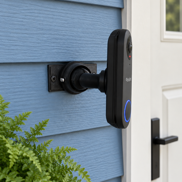 Reolink WiFi on black adjustable swivel mount, strong right side angle in residential porch setting