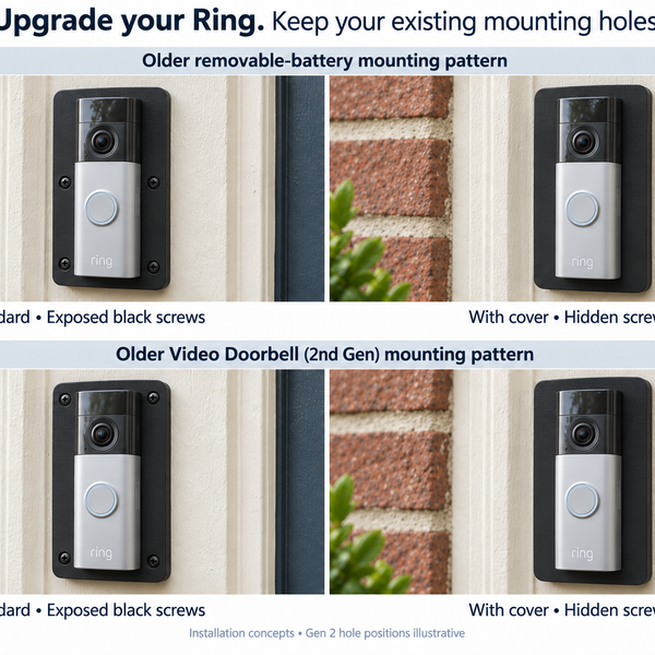 Black Ring upgrade adapter plate installation concepts comparing exposed screws and hidden-screw covers for older removable-battery and Video Doorbell 2nd Gen mounting patterns.