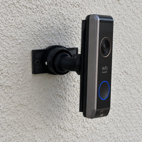 Eufy S330 WIRED video doorbell installed on 15–90 degree adjustable swivel mount, right-facing installation