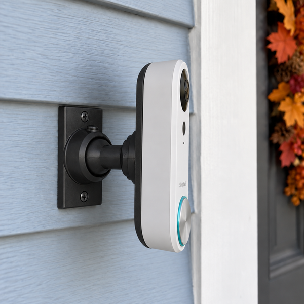 SimpliSafe Video Doorbell Pro on a black swivel mount with full conforming rear bracket, primary porch view