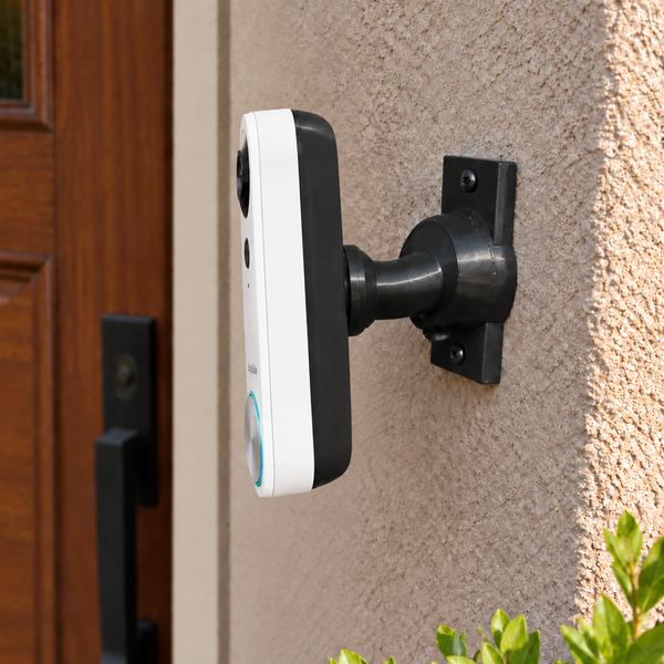 SimpliSafe Video Doorbell Pro on a black swivel mount with full conforming rear bracket, alternate porch view