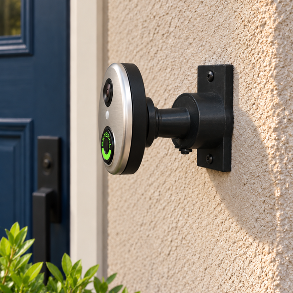 SkyBell HD Round on black 15-90 degree swivel mount, left-facing installation with full rear bracket
