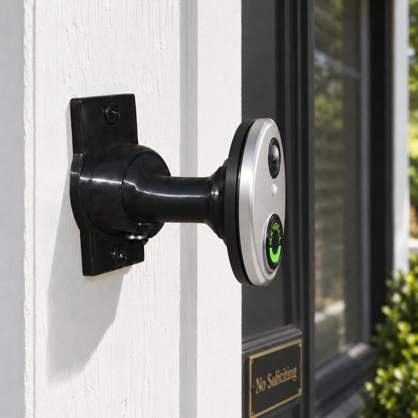 SkyBell HD Round on black 15-90 degree swivel mount, right-facing installation with full rear bracket