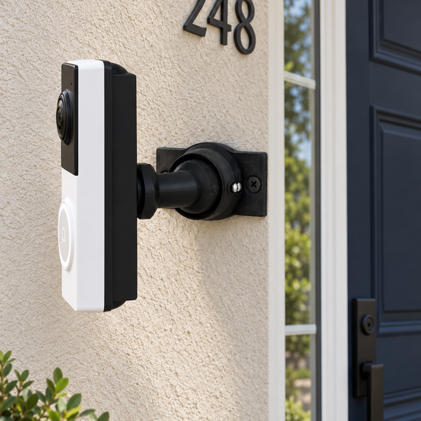 Tapo D130 on black adjustable swivel mount, strong left side angle in residential porch setting