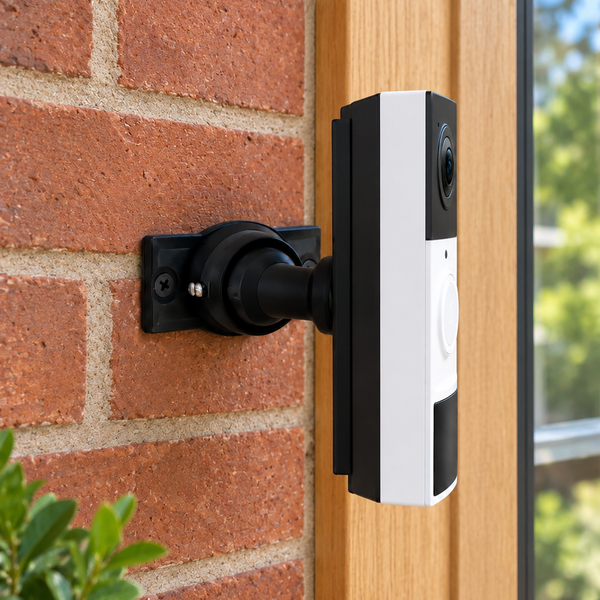 Tapo D210 on black adjustable swivel mount, strong right side angle in residential porch setting