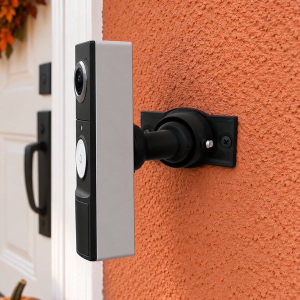 Tapo D225 on black adjustable swivel mount, strong left side angle in residential porch setting