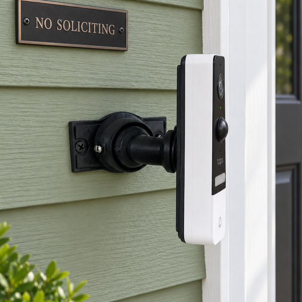 Tapo D230S1 on black adjustable swivel mount, strong right side angle in residential porch setting
