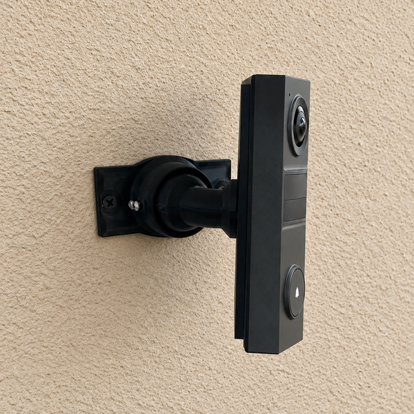 Tapo D205 on adjustable 15–90 degree swivel mount, right-facing view on warm beige fine stucco