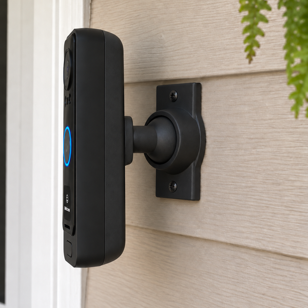 UniFi G4 Doorbell Pro PoE on a black swivel mount with full conforming rear bracket, alternate porch view