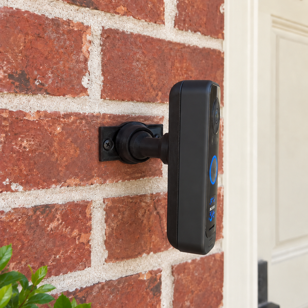 UniFi G4 Doorbell Pro on a black swivel mount with full conforming rear bracket, alternate porch view