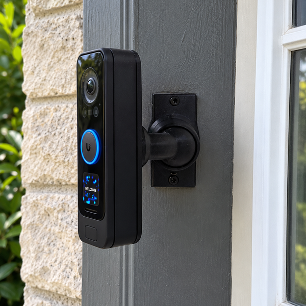 UniFi G4 Doorbell Pro on a left-facing adjustable swivel mount in a realistic porch setting