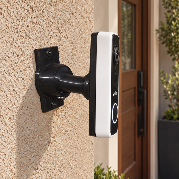 Vivint Doorbell Camera Pro Gen 2 on black 15-90 degree swivel mount, right-facing installation with full rear bracket