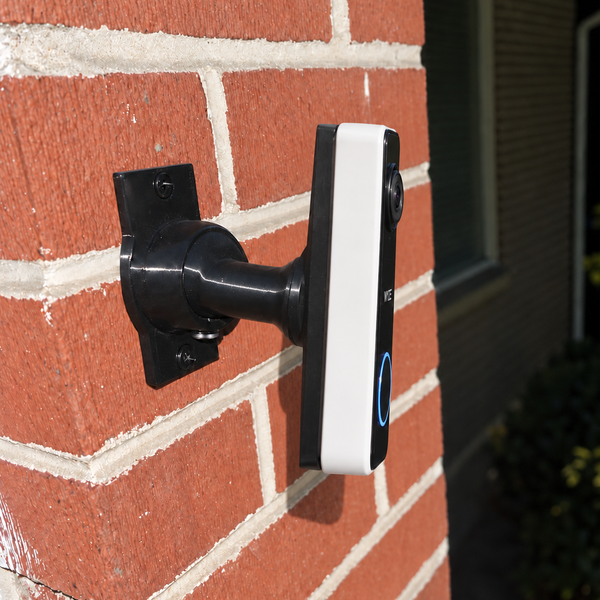 Wyze Battery Video Doorbell on black swivel mount, strong outward angle and rear bracket connection