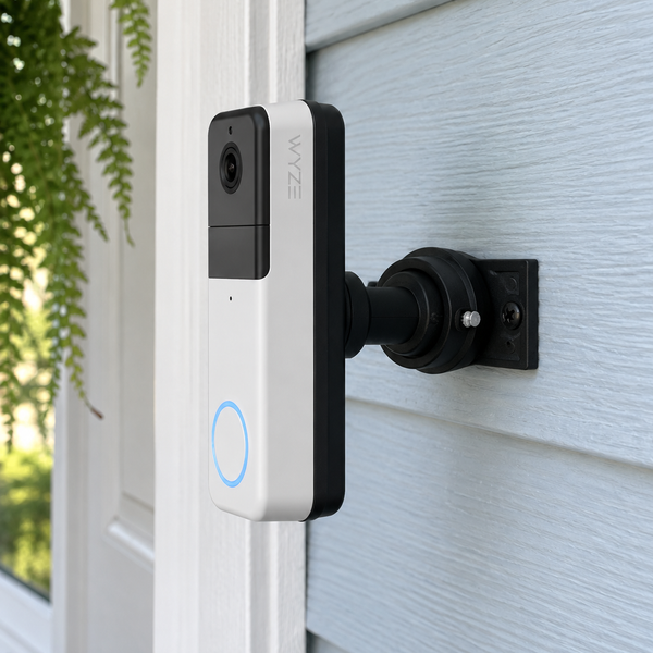 Wyze Video Doorbell Pro on black 90 degree adjustable swivel mount, left-facing porch installation