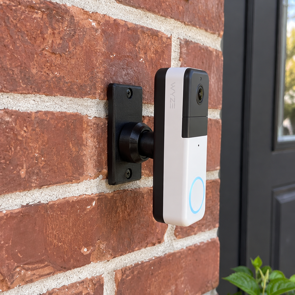 Wyze Video Doorbell Pro on black 90 degree adjustable swivel mount, right-facing porch installation